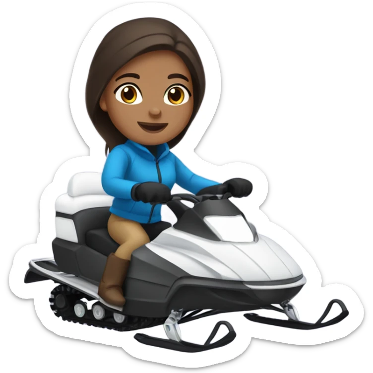 Tan girl with dark brown hair and blue eyes riding a snow mobile sticker