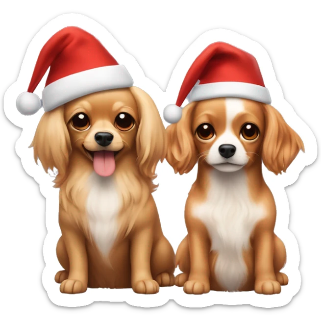 Two dogs hugging each other full-length. One is a long-haired beige Chihuahua with red streaks. The other is a red cocker spaniel. They are both wearing New Year's hats. sticker