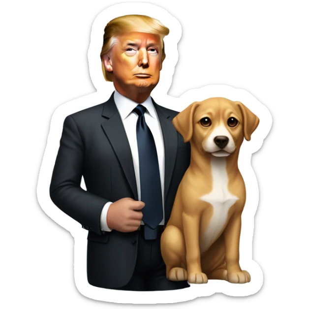 Donald Trump in a suit with a dog looks like ElonMusk in hand sticker