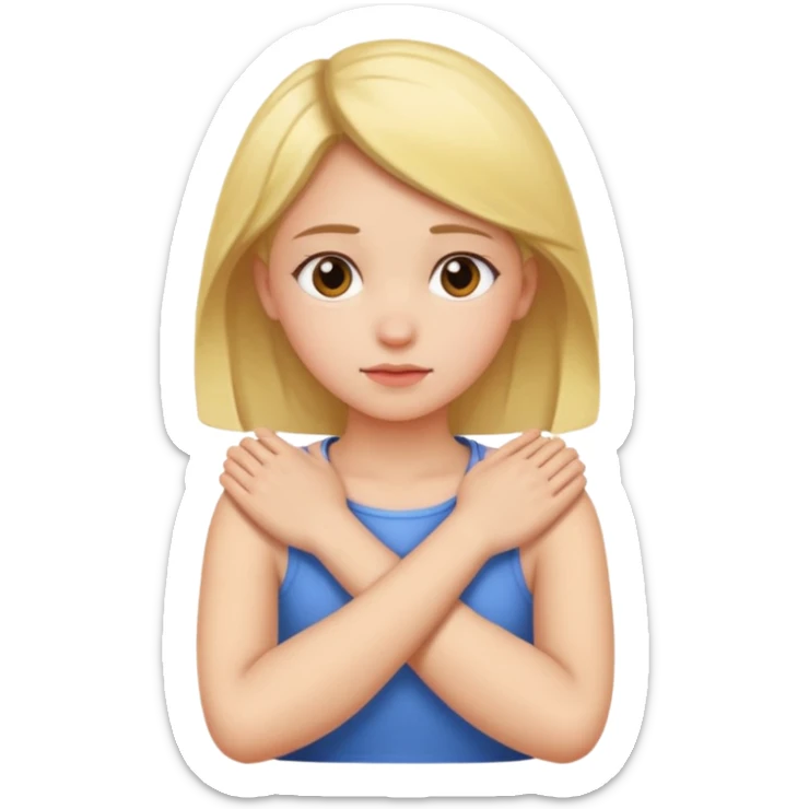 A girl with crossed arms holding onto her neck ￼ sticker