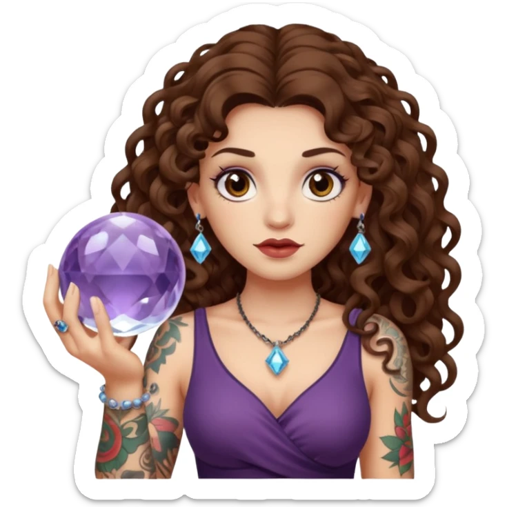 woman with long curly brown hair, brown eyes, white skin, tattoos, holding a crystal ball showing nonsense sticker