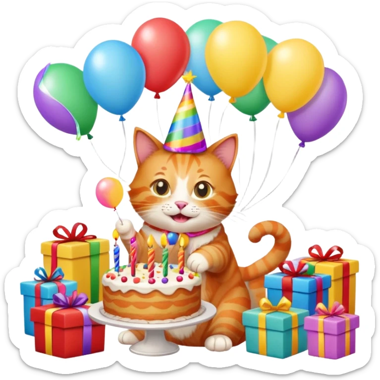 Ginger cat celebrates birthday, birthday hat, birthday cake, balloons, happy, gifts sticker
