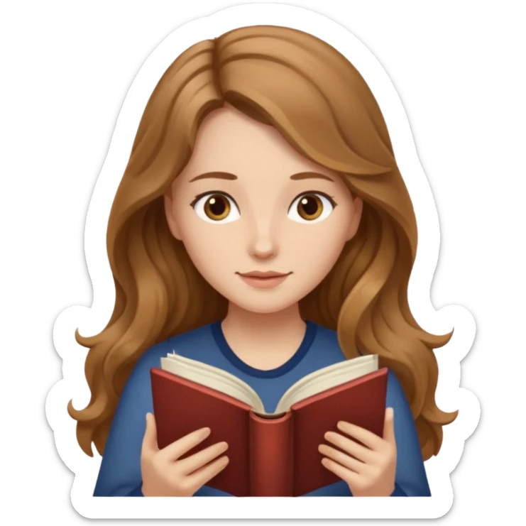cute emoji of a woman with long light brown wavy hair and light brown eyes reading a book peacefully sticker