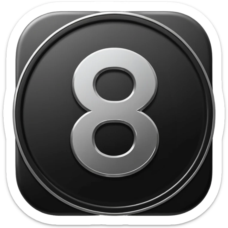 Emoji icon of a black coin with engraved number 8, minimalist style, isolated sticker