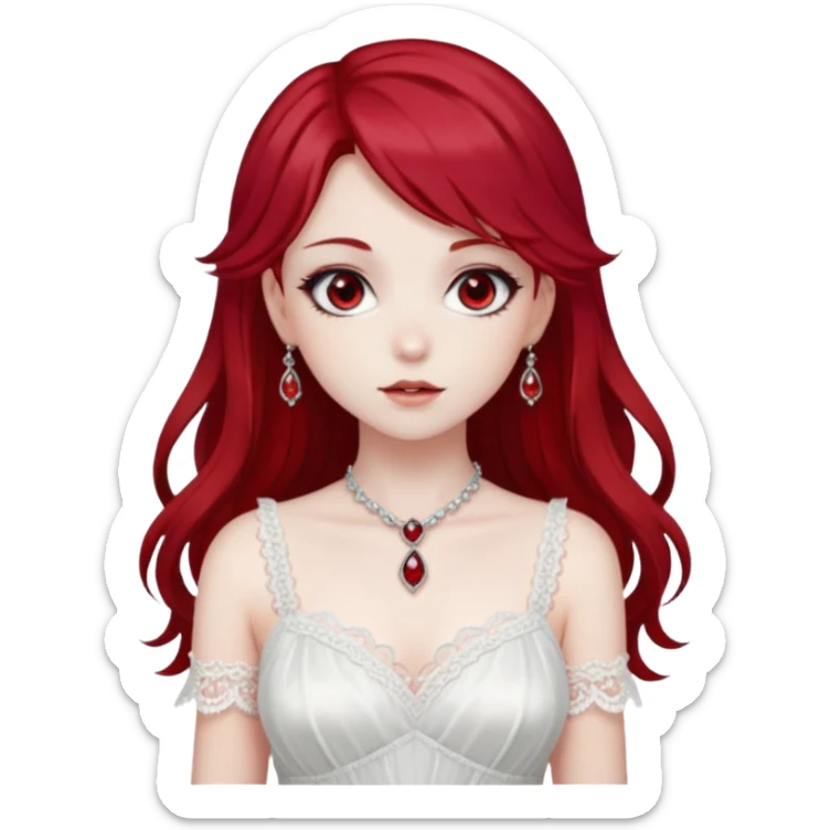 Beautiful shiny ethereal Gorgeous Anime Lady with dark hair and red hair streaks with a beautiful white silky lace dress and rubies and onyx gems  sticker