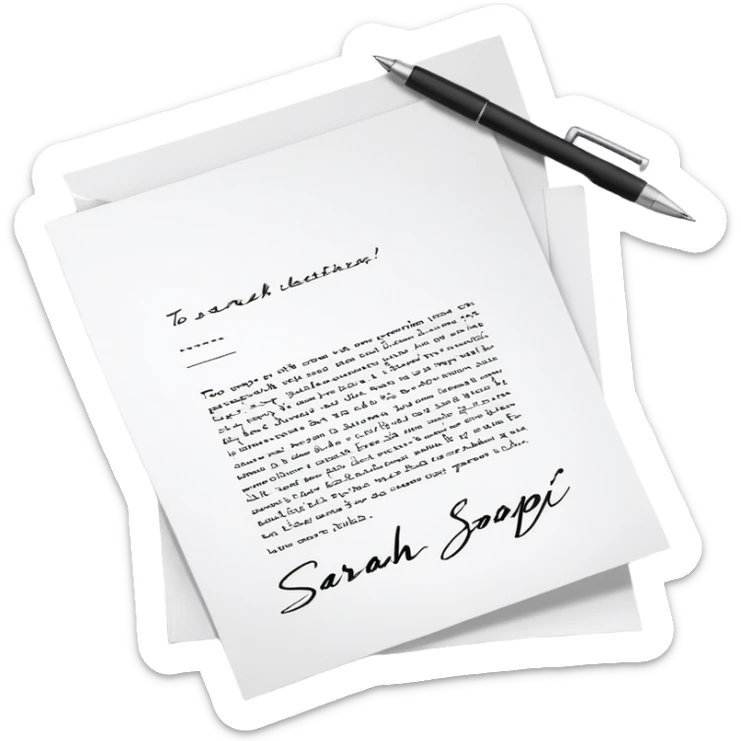 a paper letter with "TO SARAH" text written at the top of the letter, with a pen lying next to it sticker