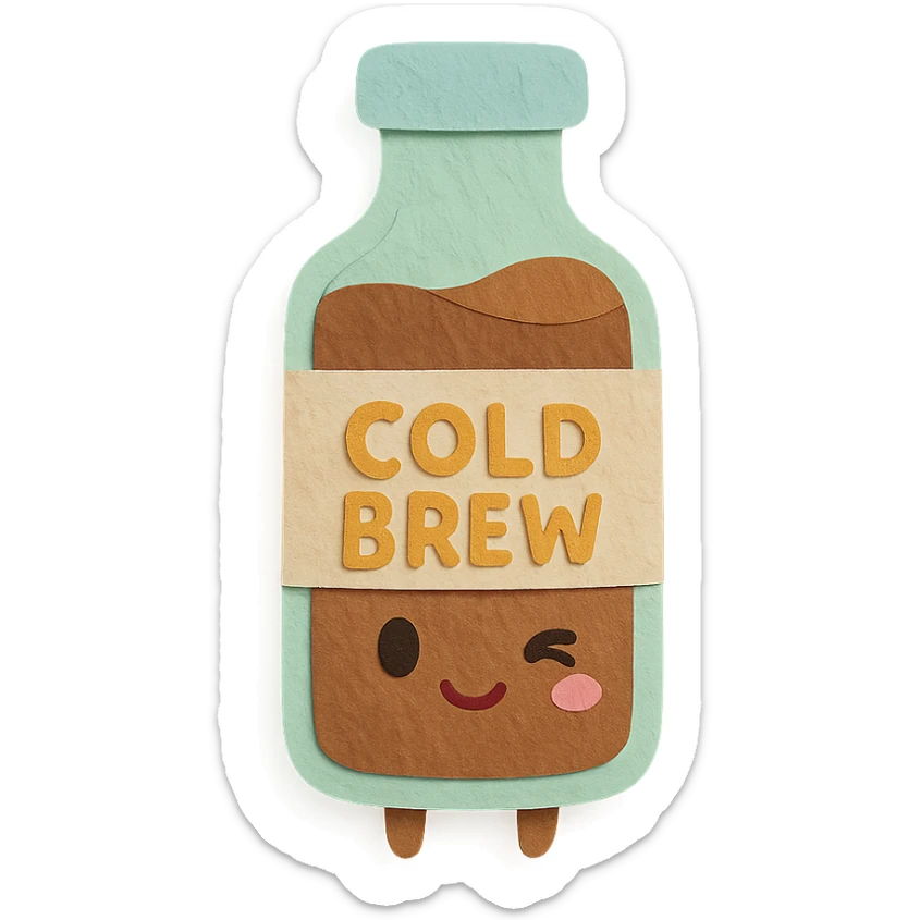 kawaii glass cold brew bottle, full body, winking, soft pastel colors sticker