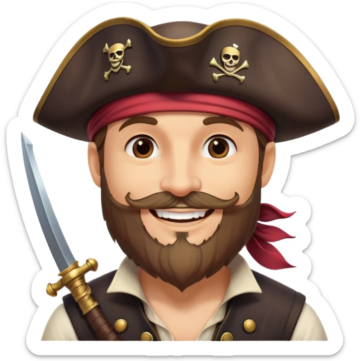Clash of Clans aesthetic Cheerful Pirate Portrait Emoji, With a bright, confident smile and a relaxed yet adventurous posture, showcasing a stylized, rugged build with a classic pirate hat and a neatly groomed beard, his face in natural skin tone, Simplified yet expressive features, highly detailed, glowing with a soft, luminous maritime radiance, high shine, upbeat and daring, stylized with an air of classic swashbuckler allure, soft glowing outline, capturing the essence of a cheerful pirate ready to chart epic voyages! sticker