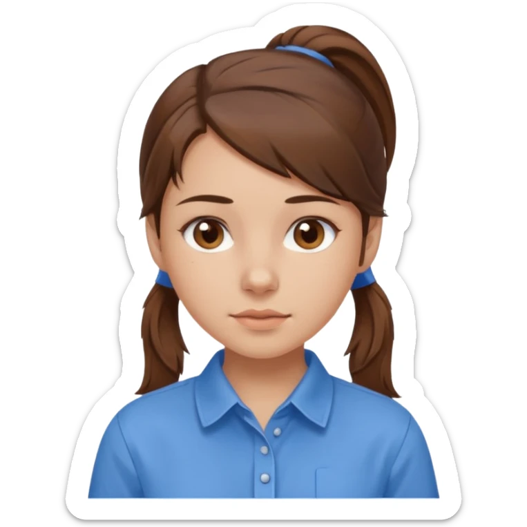 brown hair in a low pony tail with brown eyes girl blue shirt sticker
