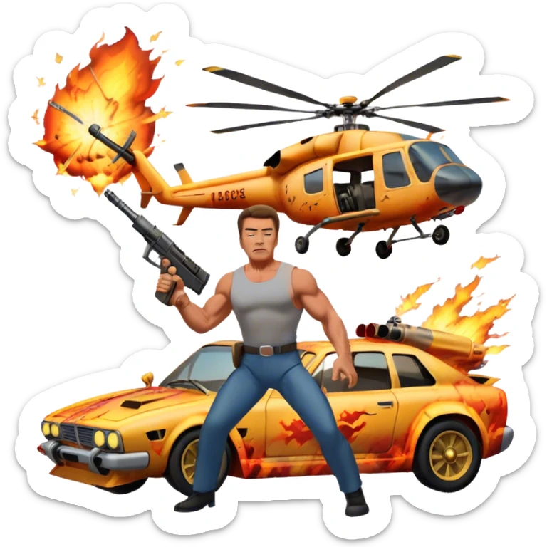 Icon for Action Movies: Arnold Schwarzenegger in the lead role, in an intense action pose with weapons, explosions, a car and helicopter flying out of flames in the background. The design should capture the explosive energy and heroism of classic action films. Transparent background. sticker