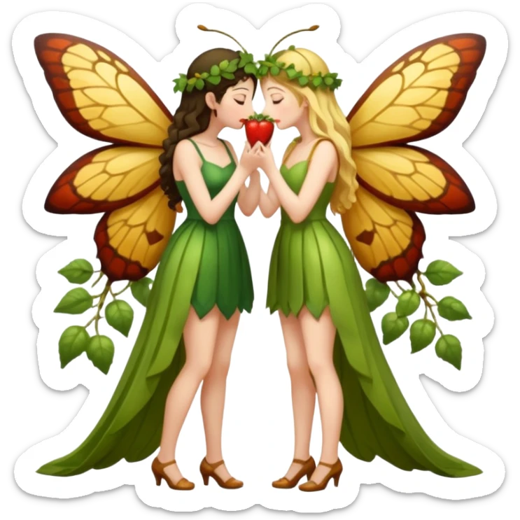 full body two women kissing, fruit vine outfits and moth swarm halo sticker