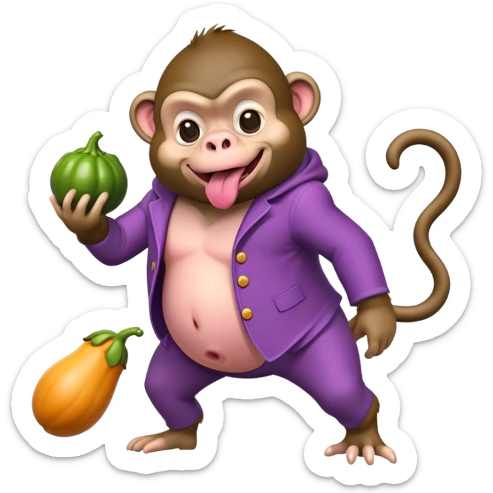 Monkey dog with gorilla face and pig body and a eggplant in his mouth wearing goofy clothes  sticker