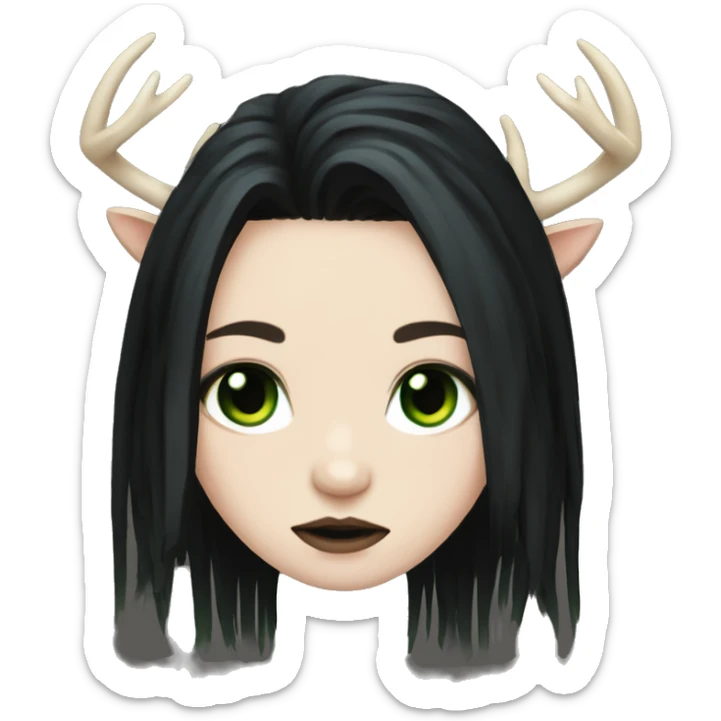 gothic girl, pale skin, green eyes, black dreads, bangs, black clothes, eyeliner, deer antlers  sticker