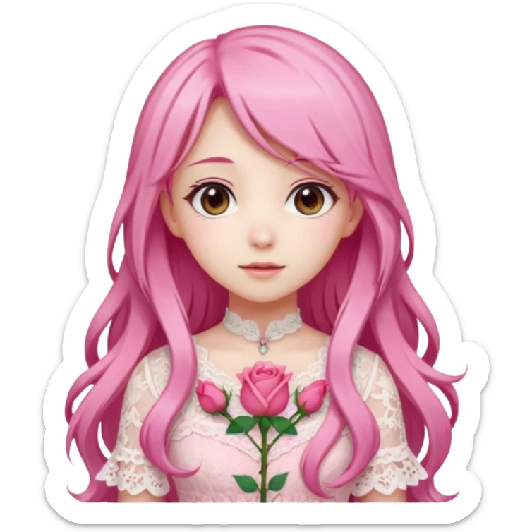 pastel anime woman with pink and white lace dress full body and long hair in a rose garden background sticker