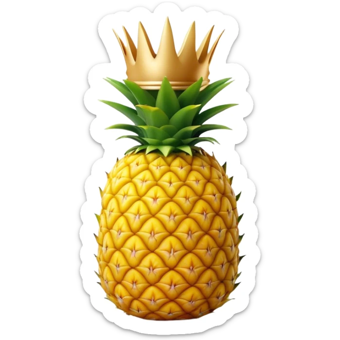 Cinematic Realistic Pineapple Emoji, Tropical and vibrant, with a golden-yellow textured skin and a crown of spiky green leaves on top. The body of the fruit is sharply geometric, its surface rich with natural patterns. Soft glowing outline, capturing the essence of exotic sweetness and tropical flair in a fresh pineapple! sticker