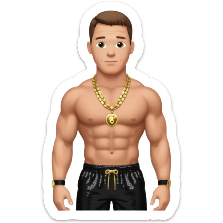 John Cena with black sequin baggy pants, shirtless with necklace, brown hair sticker