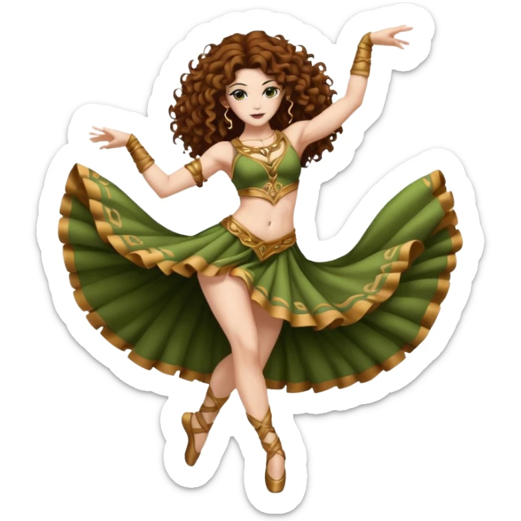 full body woman long curly brown hair brown eyes white skin tattoos muscular build moss silk dancer costume, mid spin sticker