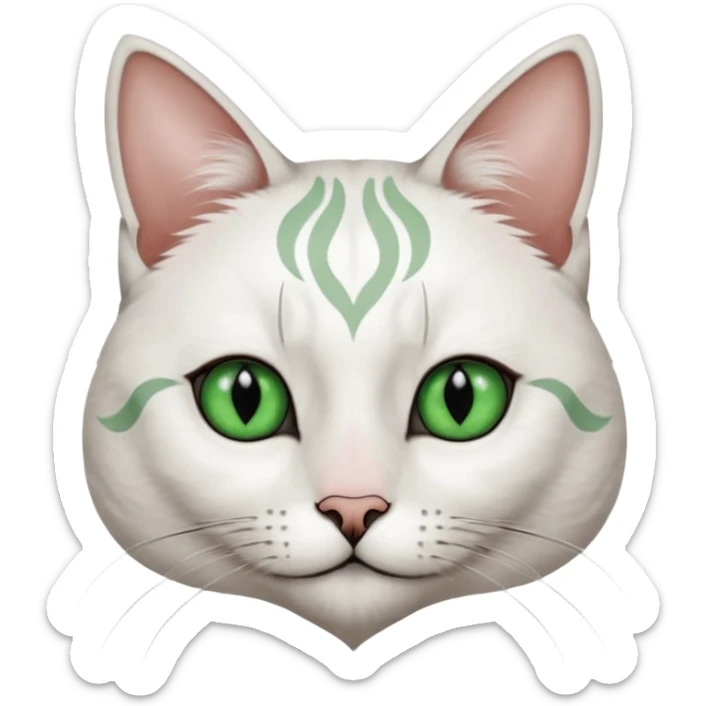 Haz una gata de ojos verdes la cara blanca con mancha negra en las orejas que agarra parte de la frente del lado der pero del iz va desde el ojo hasta la oreja la mancha, tiene la nariz negra en forma de corazón y todo lo que sobra de la cara, barbilla la nariz arriba y el lado de bigotes es blanca sticker