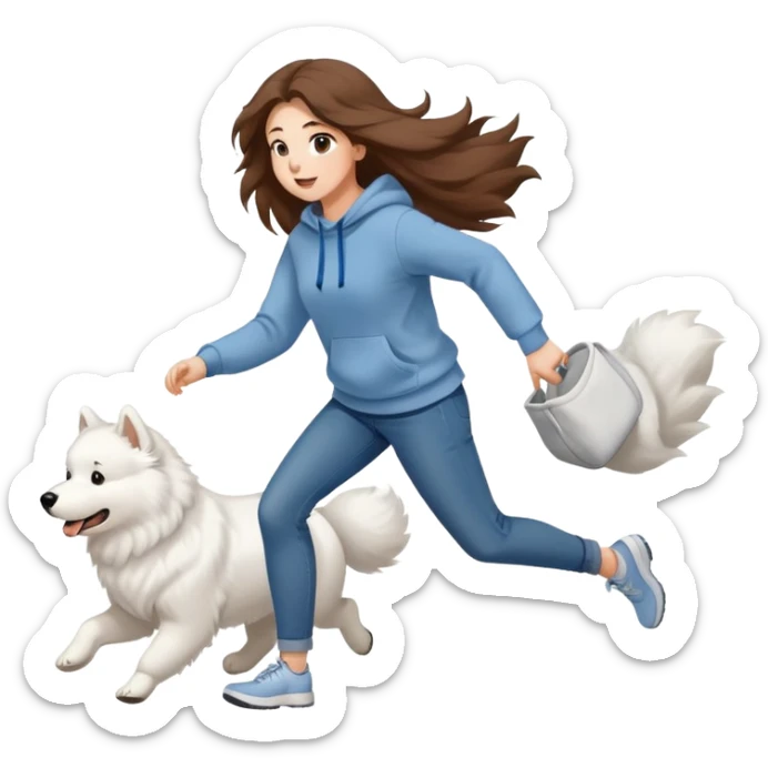 A beautiful girl with long hair wearing a sweatshirt and jeans is running with a Samoyed sticker