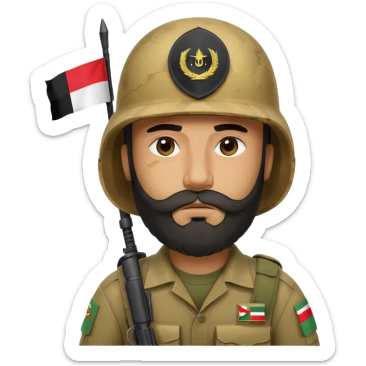A tired, swarthy Iraqi soldier with a beard, an Iraqi flag on his helmet, a sad expression and bags under his eyes sticker