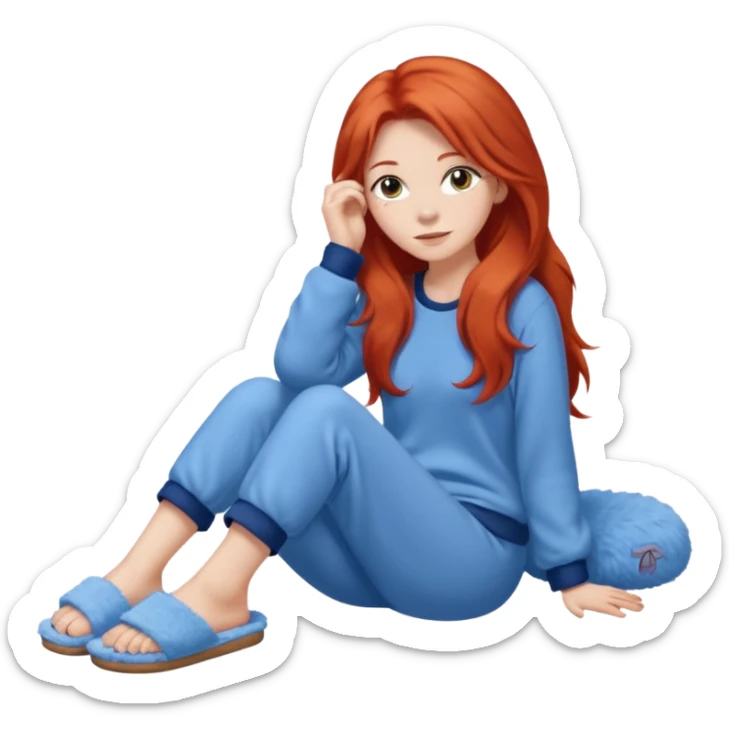young woman with long red hear wearing comfy lounging outfit, wearing blue fuzzy slippers sticker