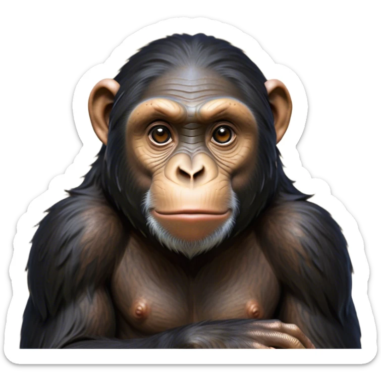 Cinematic Noble Chimpanzee Portrait Emoji, Poised and wise, with a lean, agile build adorned with textured fur and deep, thoughtful eyes, Simplified yet sharp and sophisticated features, highly detailed, glowing with a soft, contemplative glow, high shine, intelligent and vigilant, stylized with an air of primate regality, focused and attentive, soft glowing outline, capturing the essence of a watchful guardian that feels as though it could step out of the screen with effortless authority! sticker