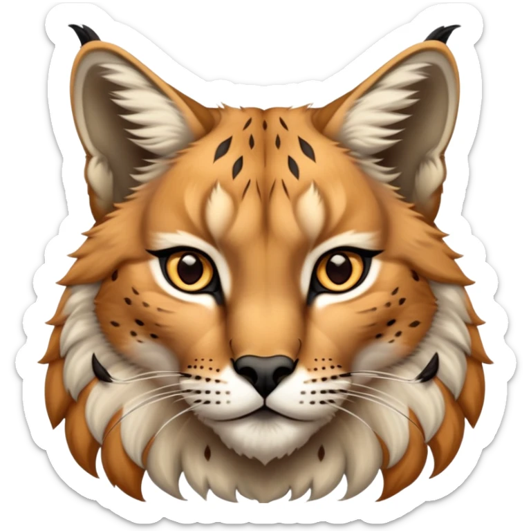Cinematic-Noble-Lynx-Portrait-Emoji – Poised and regal, with a strong, agile build and a strikingly patterned coat of warm tawny fur accented by bold black ear tufts, deep-set, intelligent amber eyes, simplified yet sharp and sophisticated. sticker