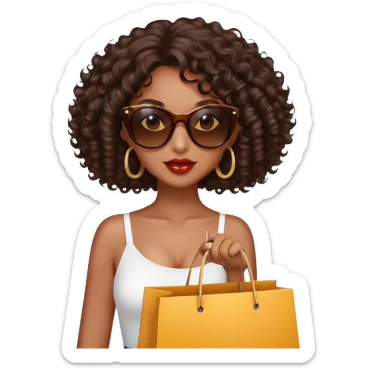 Rich dark brown girl with dark brown mid-length curly hair expensive retail shopping bags and sunglasses sticker