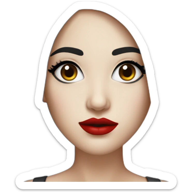 straight black hair,red lipstick,black eyes, white skin and a small nose sticker