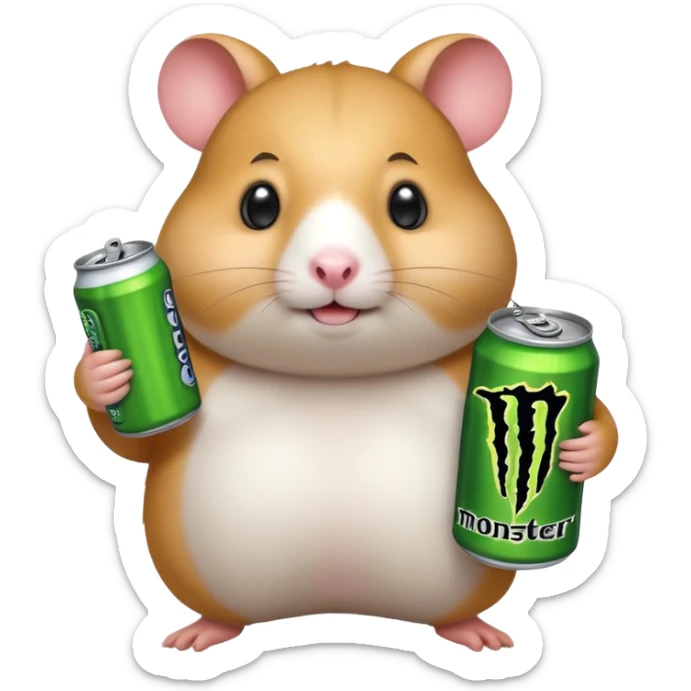 Funny cartoon-style fat hamster with big wide eyes  holding a can of monster energy in one hand and redbull in the other hand sticker