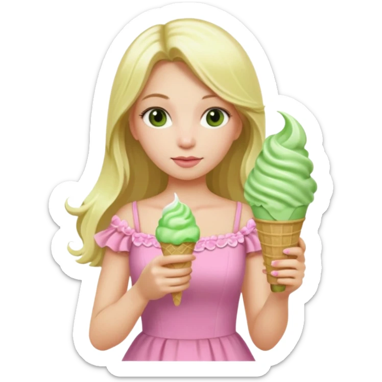 girl blonde long hair in pink dress,  holding matcha ice cream sticker