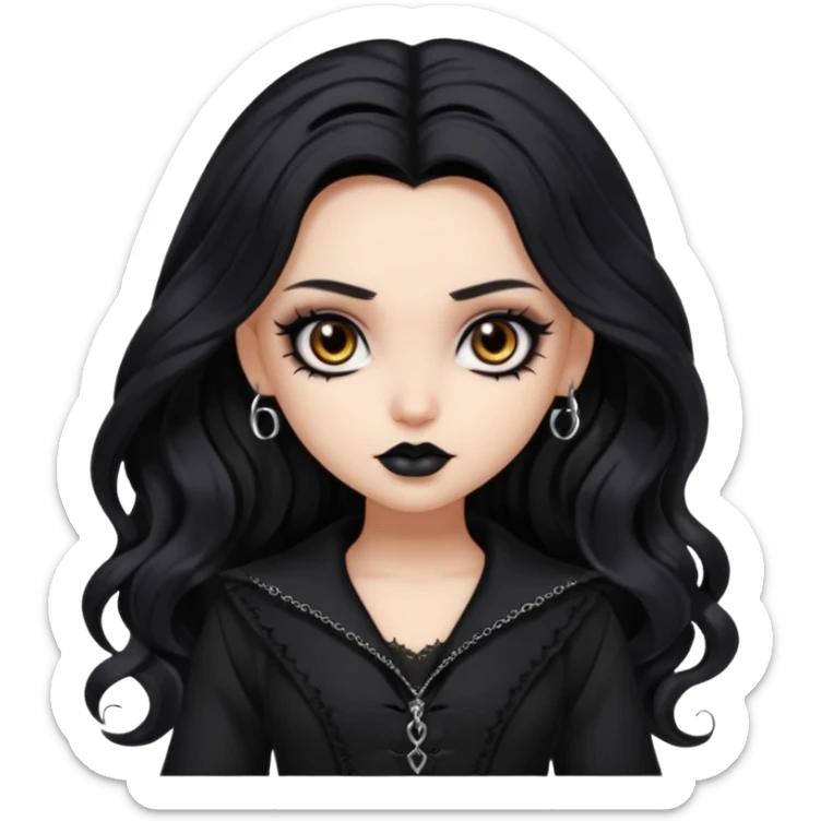 goth bratz baddie, beautiful brown eyes, long wavy black hair, black gothic hair styled, black goth clothes sticker