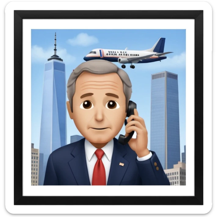  emoji of the world trade center with a plane crashed into it and george bush on a phone in front of them sticker