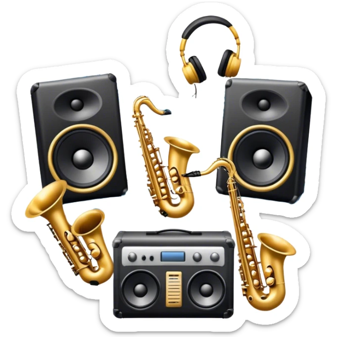Icon for R&B Music Listening: large concert speakers and headphones with waves of musical notes coming out, along with drums and bass guitar and saxophone. The icon should convey the energetic and rhythmic vibe of R&B music. Transparent background sticker