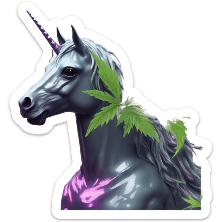 420 .Zombie_ Vaporwave black holographic oilslick zombie unicorn smoking yellow caution tape hemp leaves Pegasus hemp plants sticker