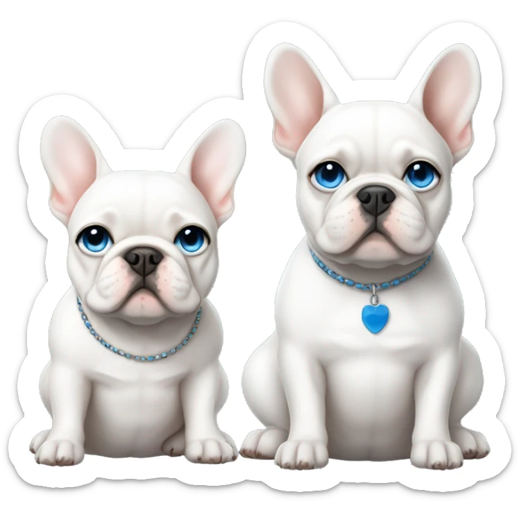 White French bulldog with blue eyes and a white fat cat with blue eyes sitting together sticker