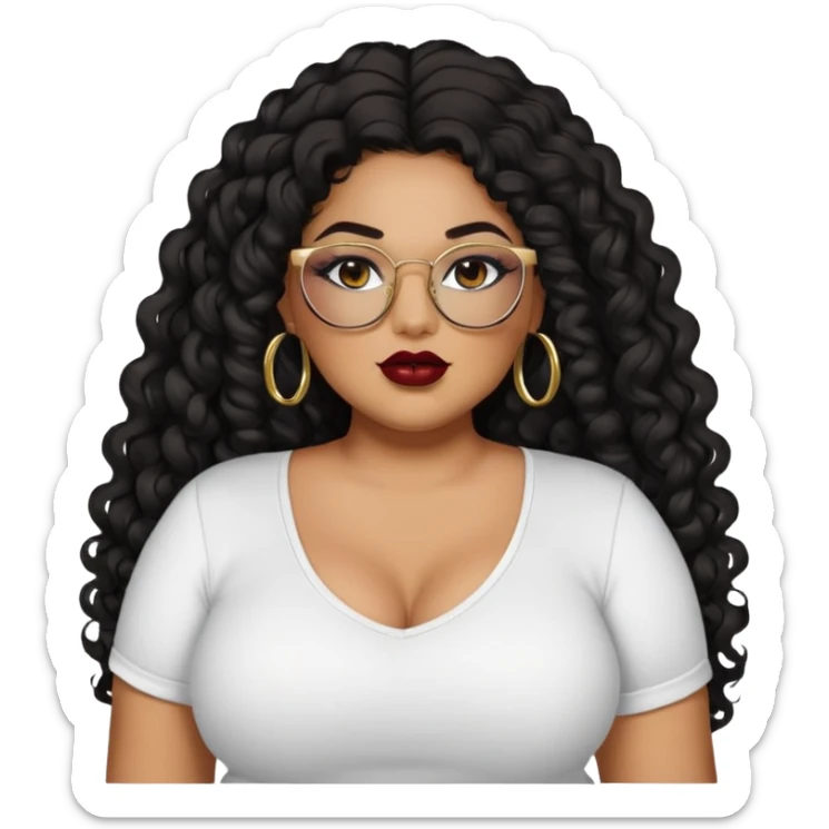 big plus size, latina, darker tan skin, gold hoops, long black curly hair, baddie,pretty, makeup, dark red lipgloss, black eyeliner, long hair, black shirt, black glasses sticker