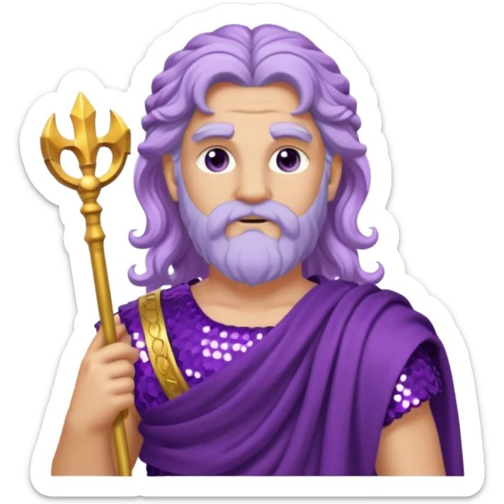 Zeus from Roman Deities with long lilac wavy hair, purple sequin toga sticker