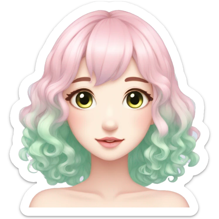 Gorgeous Beautiful Blushing Petite Pastel-Fairy-Anime-Green-Pastel-Girl with beautiful gradient pastel hair aesthetic sticker