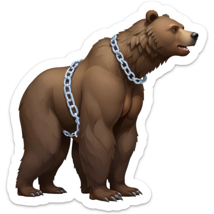 Side profile of a dark grizzly bear showing full body length, on four legs with muscular build, realistic features, ice chain collar sticker