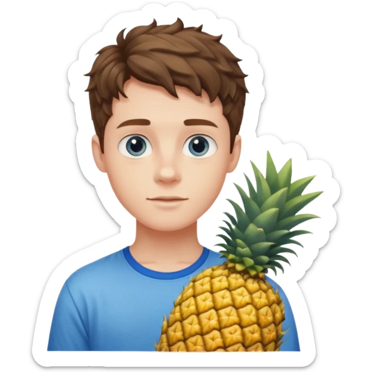 Pale teenage man with short wavy brown hair holding pineapple, prominent jawline, blue eyes sticker