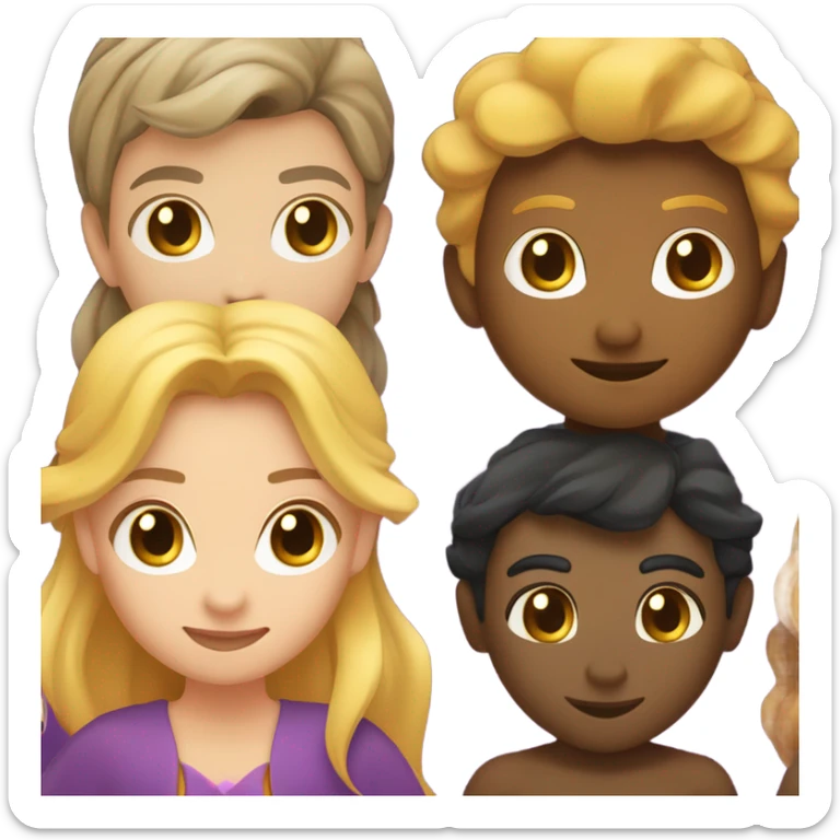 A female witch with light brown hair, a blonde female wizard, an Indian male merman, a female fairy with dark brown hair, shorter than the others, and a female siren with curly brown hair. sticker