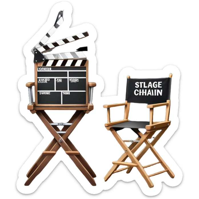Icon for Directing: a director's chair, a film slate, a megaphone, and a stage set with lights. The icon should represent the creative and leadership aspects of directing, with focus on film and theater production. Transparent background. sticker