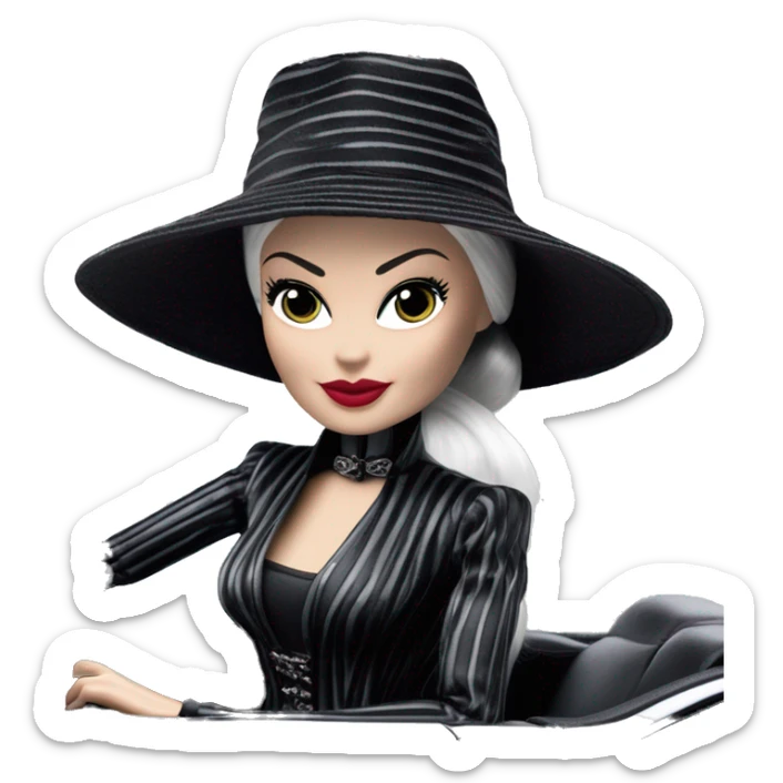 Darth Vader Barbie, 1910 Morticia Addams from academy, in dark-gray and black striped outfit with hat. Smiling Driving Mercedes convertible sports car. Pale-white porcelain skin.  sticker