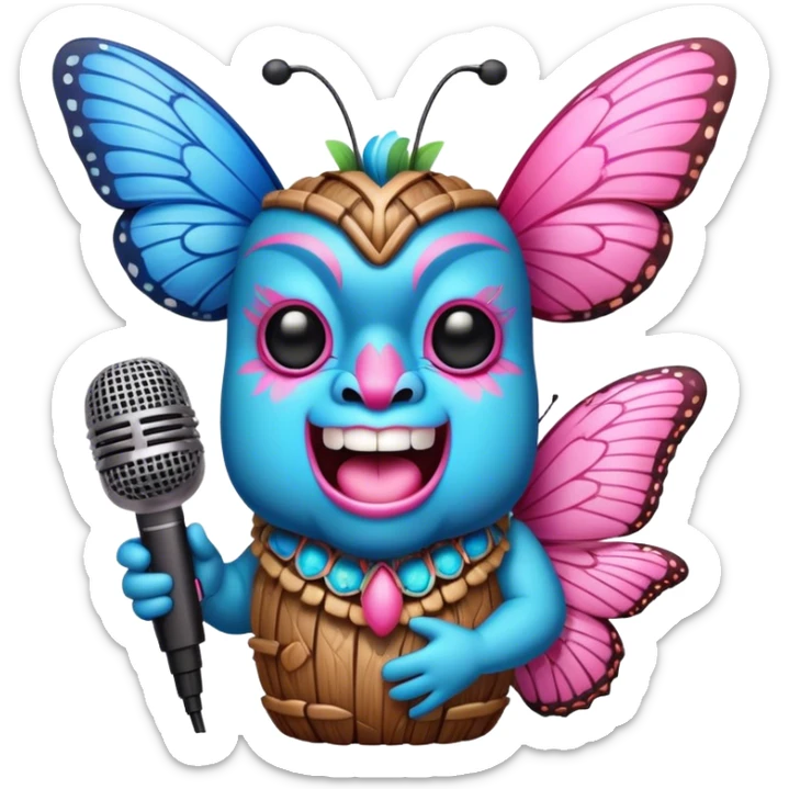 Pixar style little Cartoon Blue and pink tiki singing with butterfly and in the microphone, ultra detailed and lifelike imagery sticker