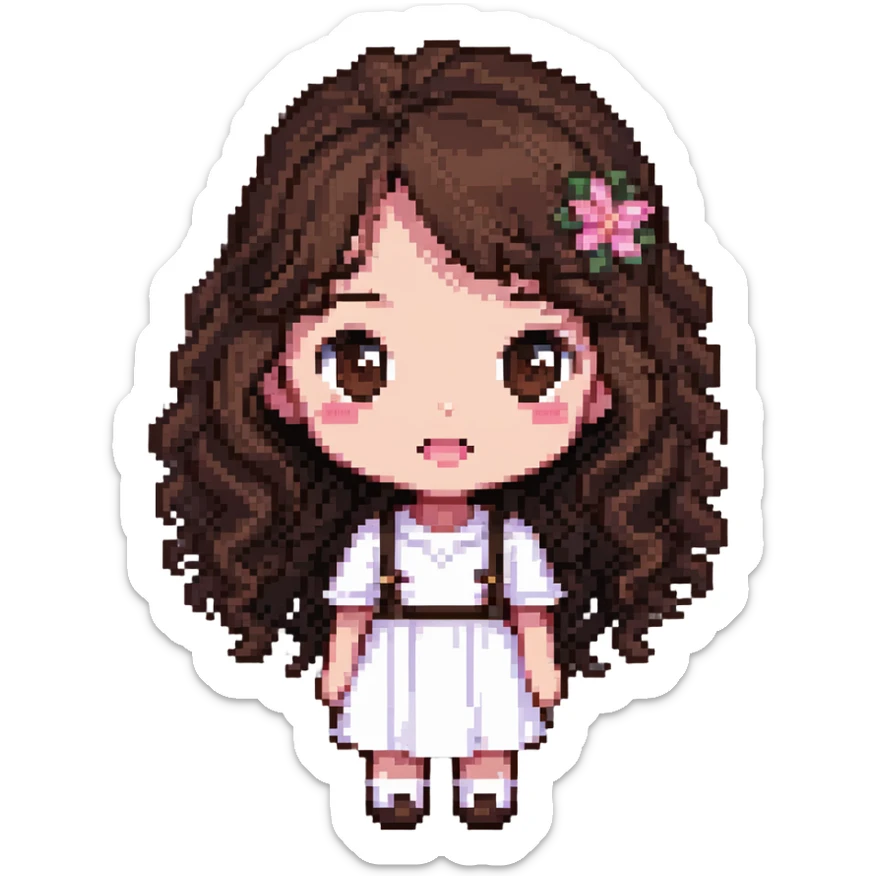 character with dark brown wavy hair, big brown eyes, small nose, big pink mouth, medium weight, medium height sticker