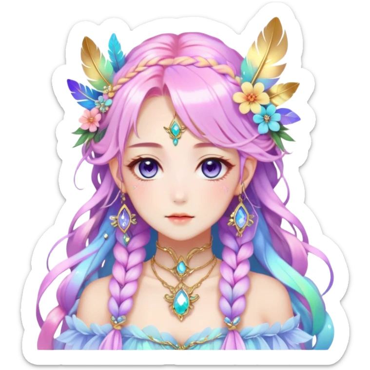 Beautiful gorgeous anime lady with beautiful iridescent-nebula-braided-hair, fashion aesthetic, ethereal, fairycore, pastelcore, feathers, flowers, gems, accessories, jewelries, gold, colorful sticker