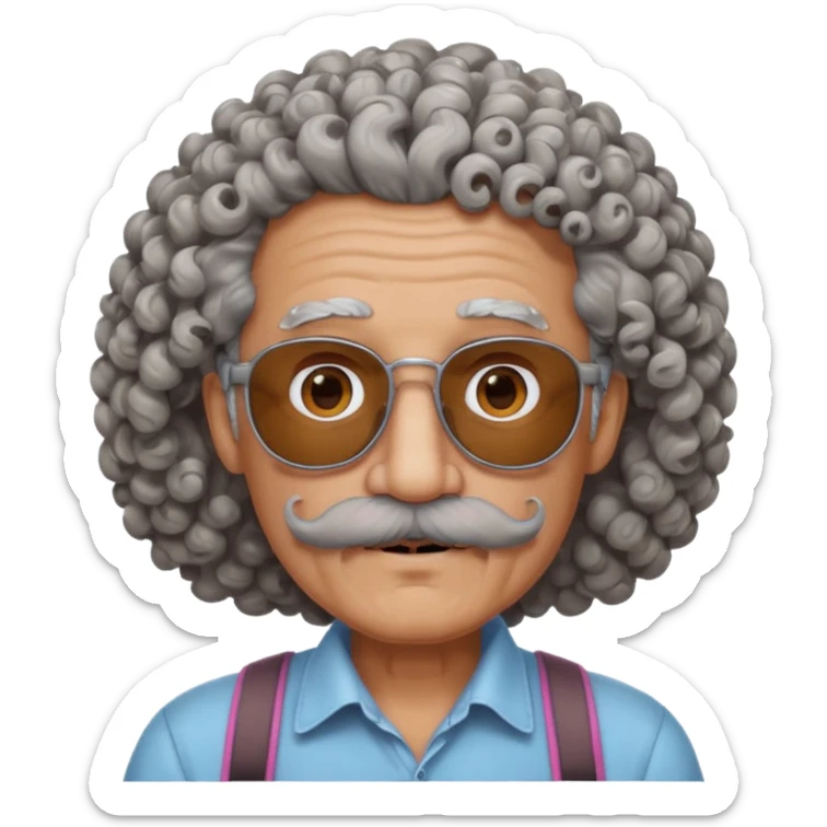 old guy with very curly hair and brown shades and big  pink mustache sticker