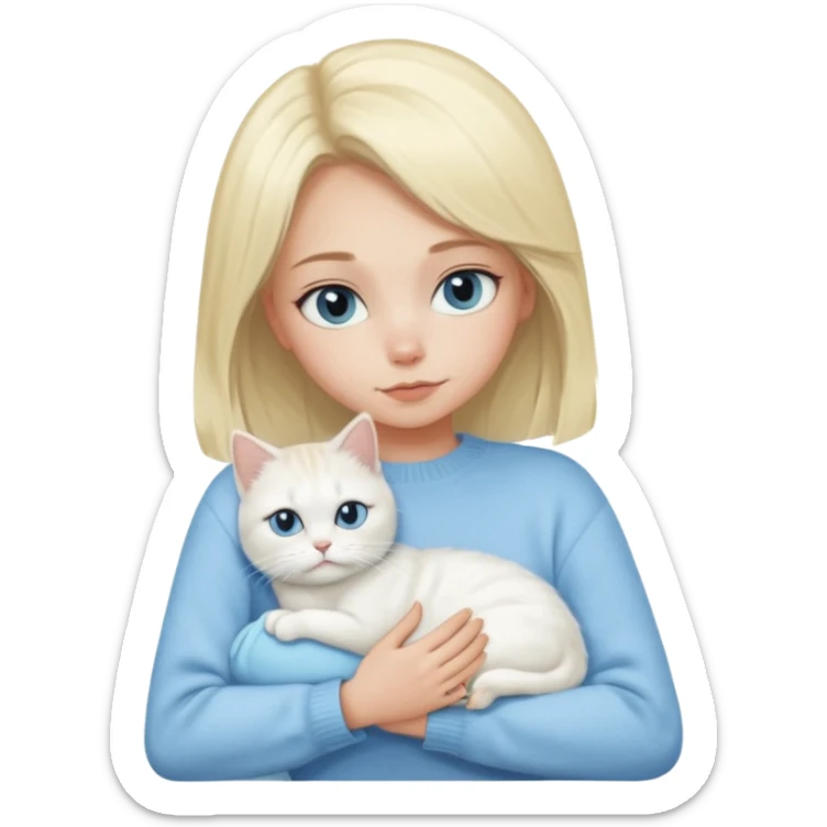 blonde girl with baby blue sweater snuggling white persian odd eye cat sticker
