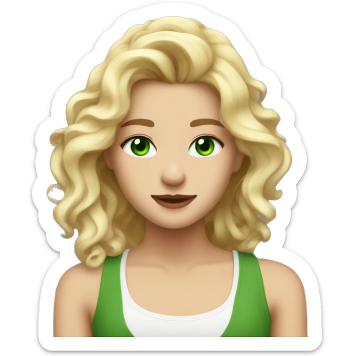 Wavy Blonde hair girl with green eyes a most stud piercing and a white tank top on sticker